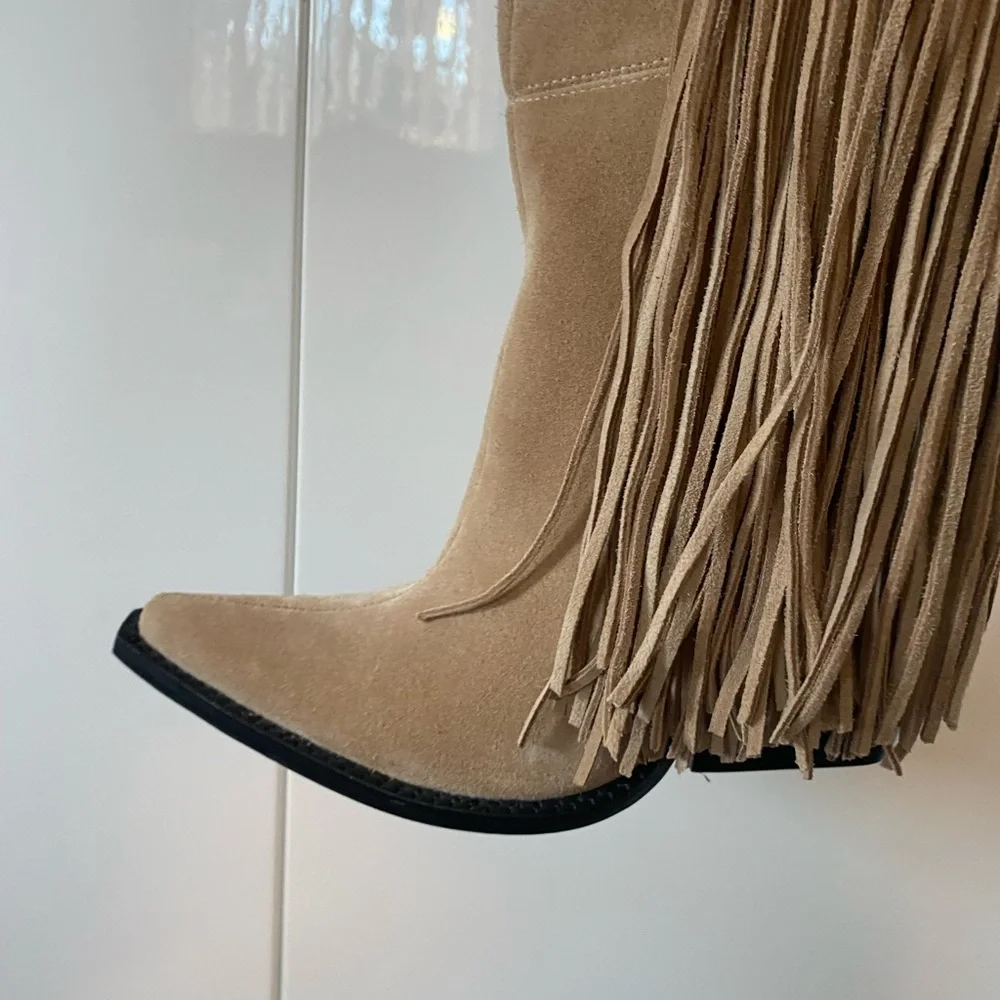 Jeffrey Campbell Women’s Cattle Fringe Knee-High Beige Boots 6.5 New